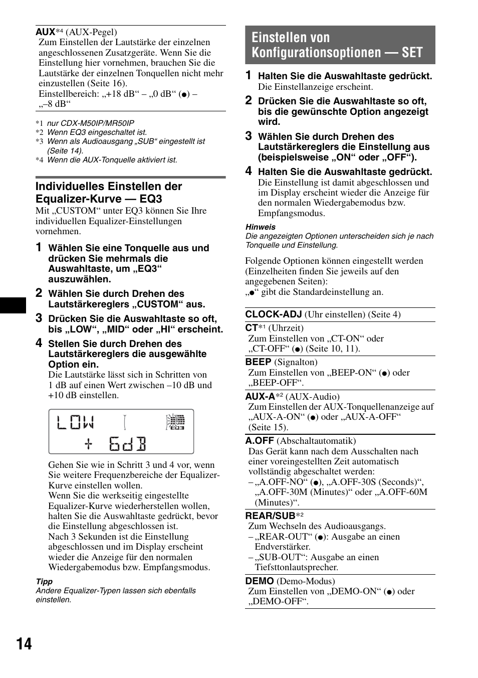 Individuelles einstellen der equalizer-kurve - eq3, Einstellen von konfigurationsoptionen - set, Seite 14 nach | Individuelles einstellen der equalizer-kurve — eq3, Einstellen von konfigurationsoptionen — set | Sony CDX-M50IP User Manual | Page 86 / 144
