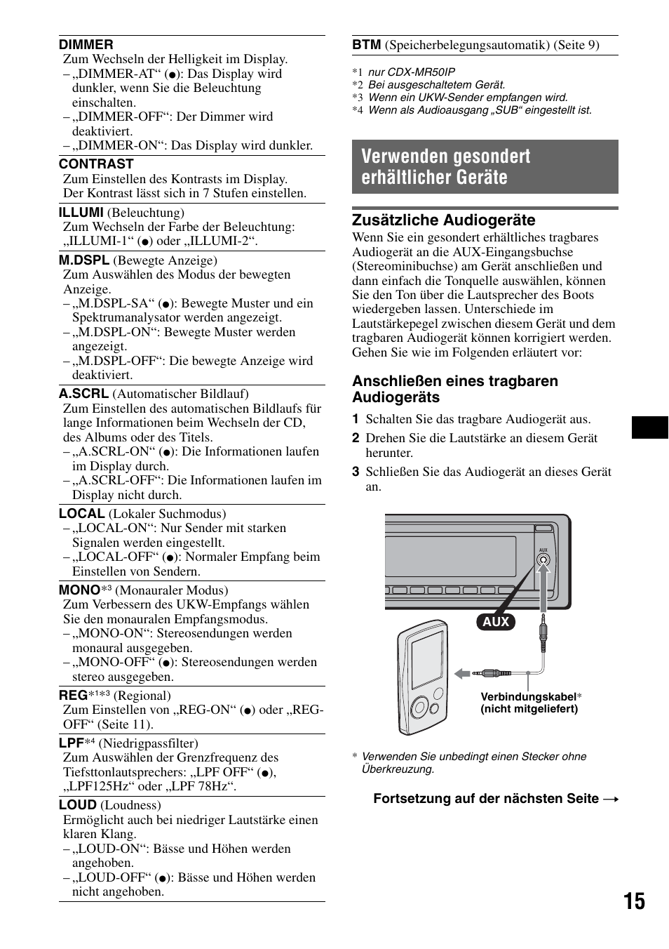Verwenden gesondert erhältlicher geräte, Zusätzliche audiogeräte, Seite 15 | Seite 15) | Sony CDX-M50IP User Manual | Page 87 / 144