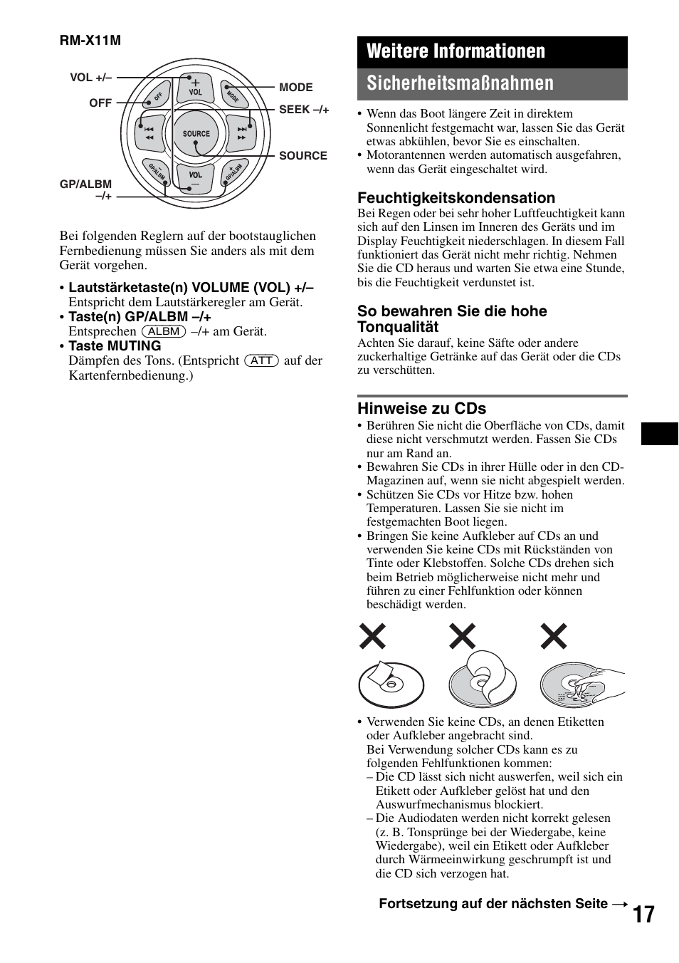 Weitere informationen, Sicherheitsmaßnahmen, Hinweise zu cds | Weitere informationen sicherheitsmaßnahmen | Sony CDX-M50IP User Manual | Page 89 / 144