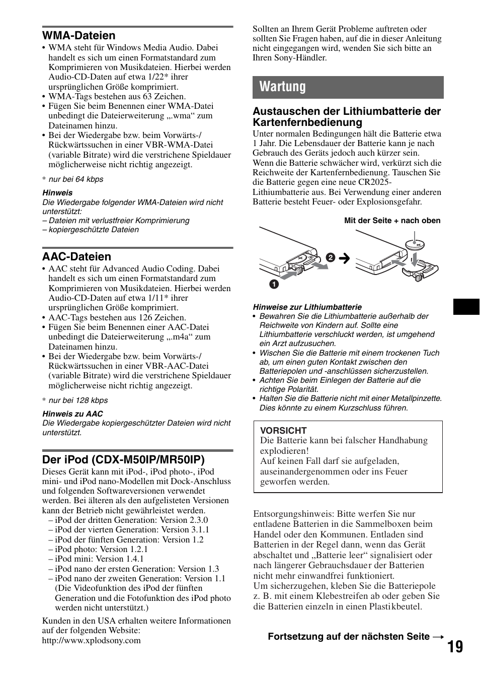Wma-dateien, Aac-dateien, Der ipod (cdx-m50ip/mr50ip) | Wartung | Sony CDX-M50IP User Manual | Page 91 / 144