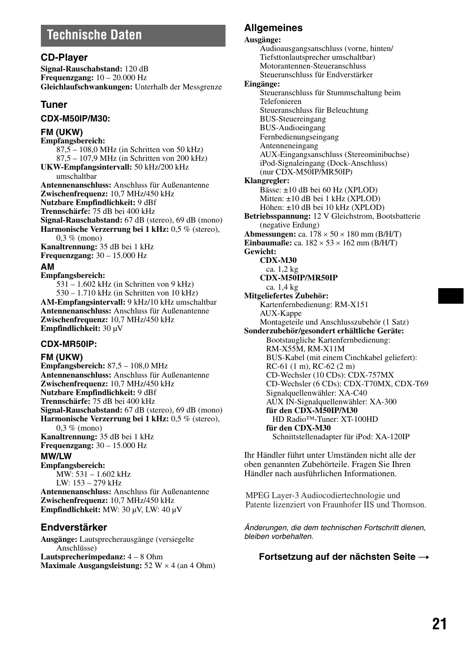 Technische daten | Sony CDX-M50IP User Manual | Page 93 / 144
