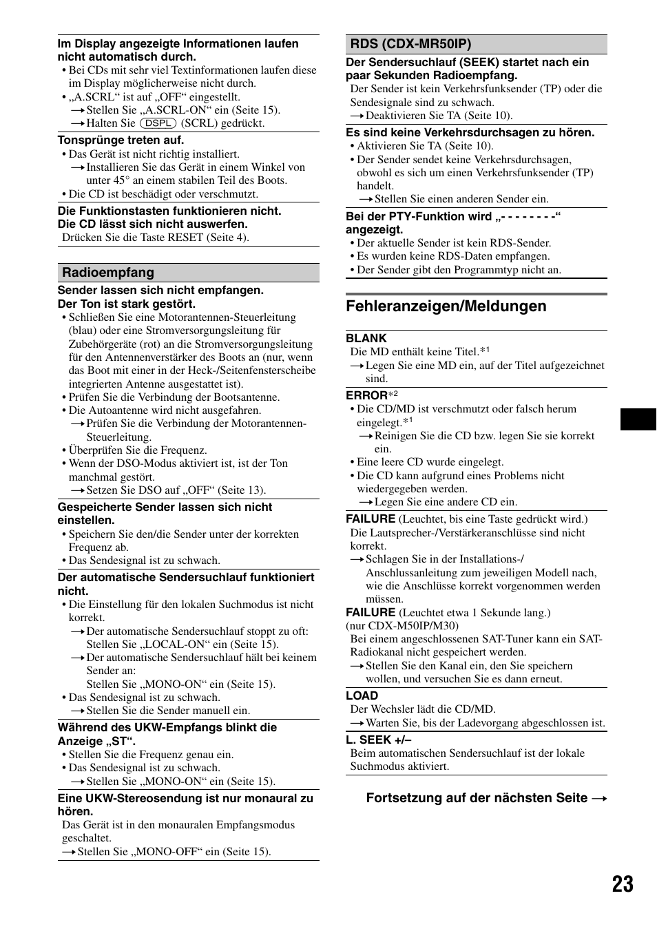 Fehleranzeigen/meldungen | Sony CDX-M50IP User Manual | Page 95 / 144