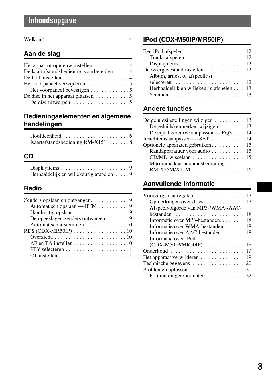 Inhoudsopgave | Sony CDX-M50IP User Manual | Page 99 / 144