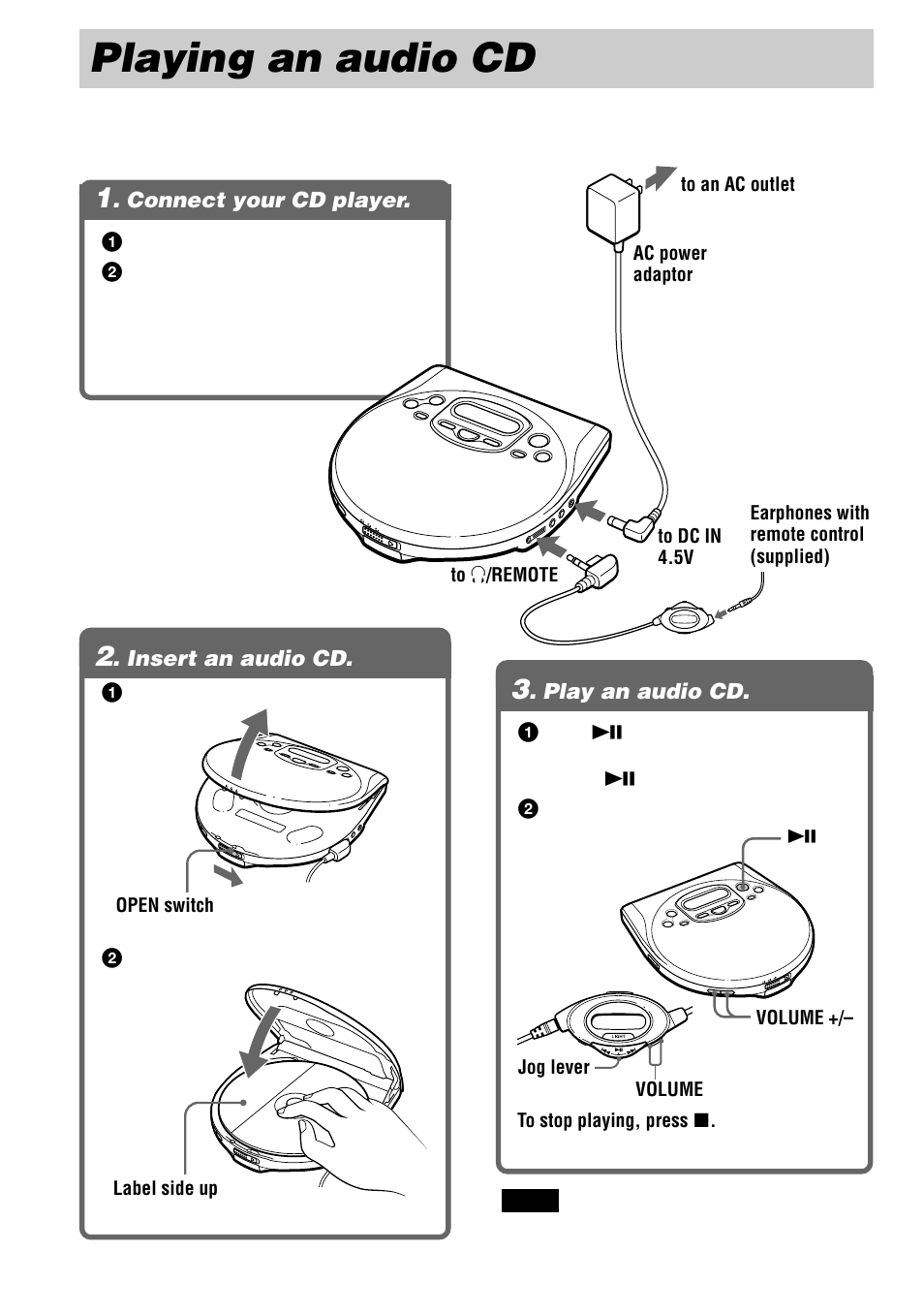 Playing an audio cd, Connect your cd player, Insert an audio cd | Play an audio cd | Sony D-VJ85 User Manual | Page 10 / 36