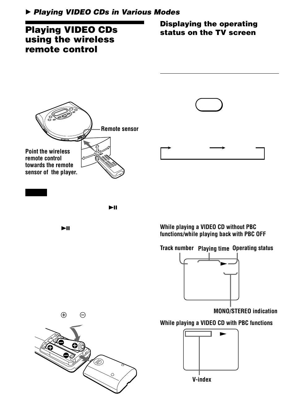 Playing video cds in various modes, Playing video cds using the wireless, Remote control | Displaying the operating status on the tv screen | Sony D-VJ85 User Manual | Page 12 / 36