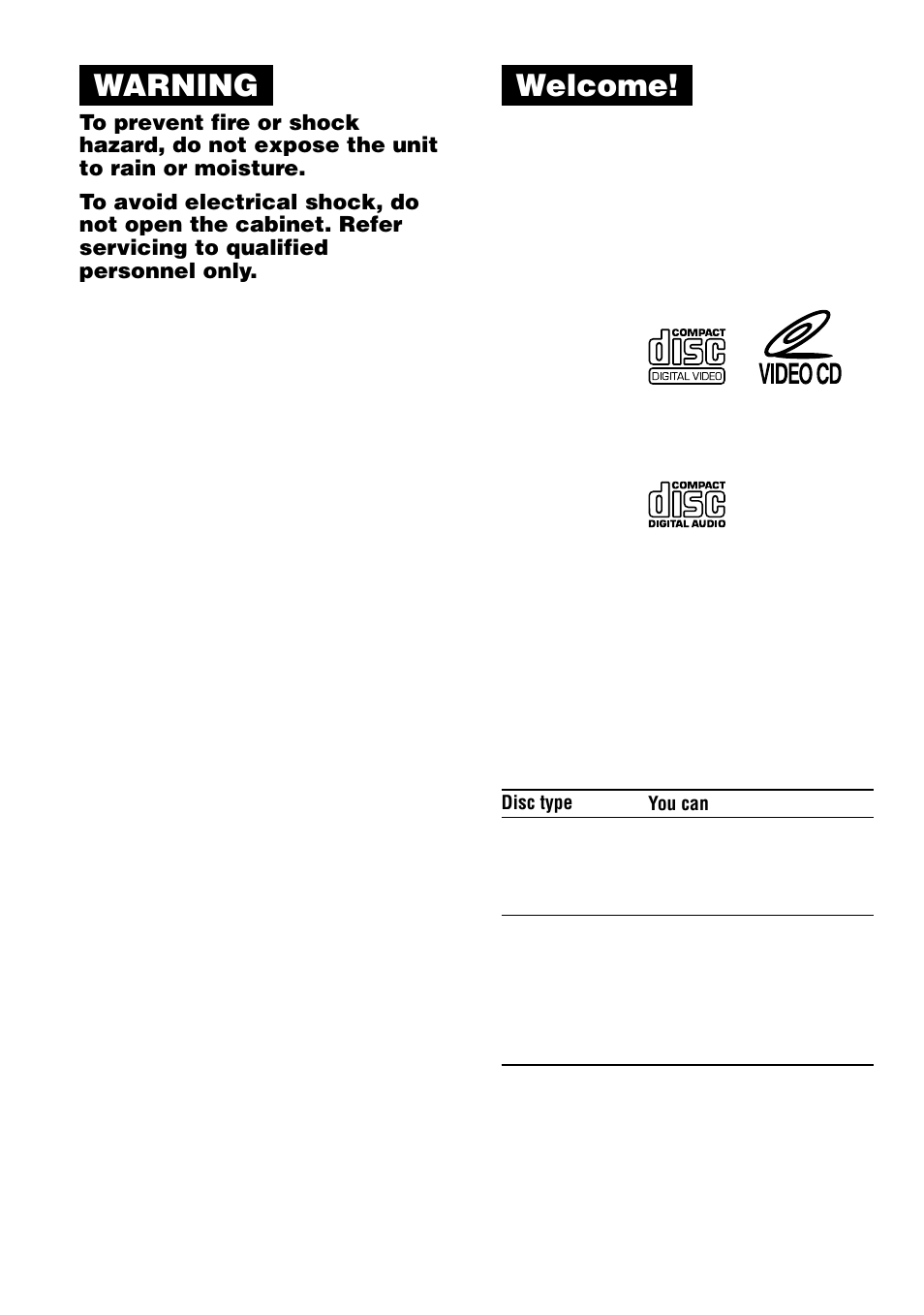 Warning, Welcome | Sony D-VJ85 User Manual | Page 2 / 36