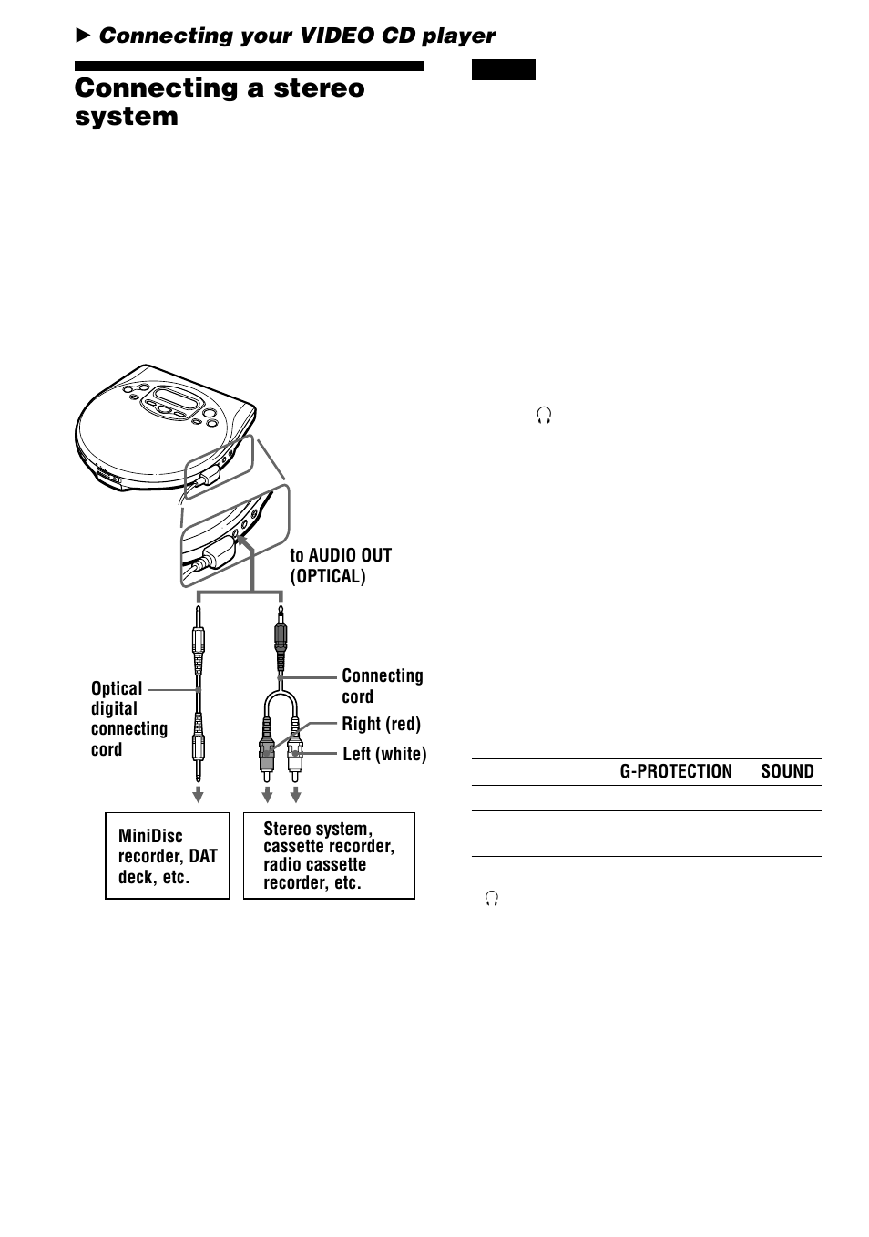 Connecting your video cd player, Connecting a stereo system | Sony D-VJ85 User Manual | Page 26 / 36