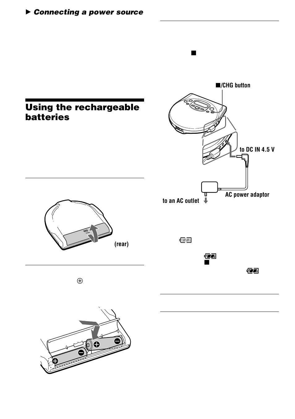 Connecting a power source, Using the rechargeable batteries | Sony D-VJ85 User Manual | Page 28 / 36