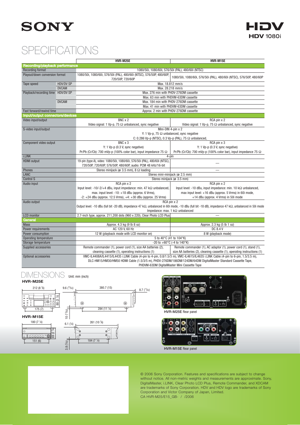 Specifications, Dimensions | Sony HVR-M15E User Manual | Page 2 / 2