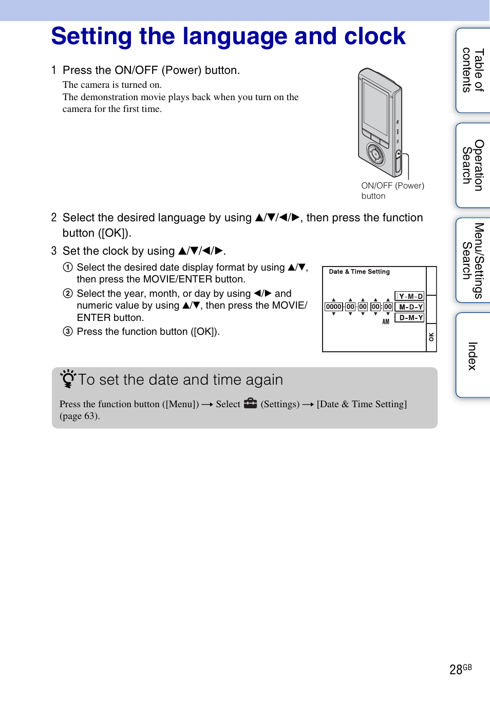 Setting the language and clock | Sony bloggie MHS-FS3 User Manual | Page 28 / 79