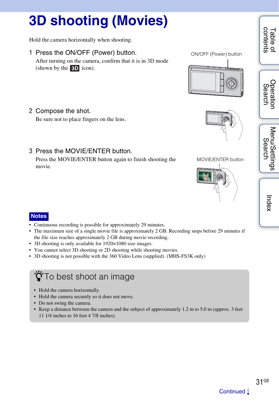 3d shooting (movies) | Sony bloggie MHS-FS3 User Manual | Page 31 / 79