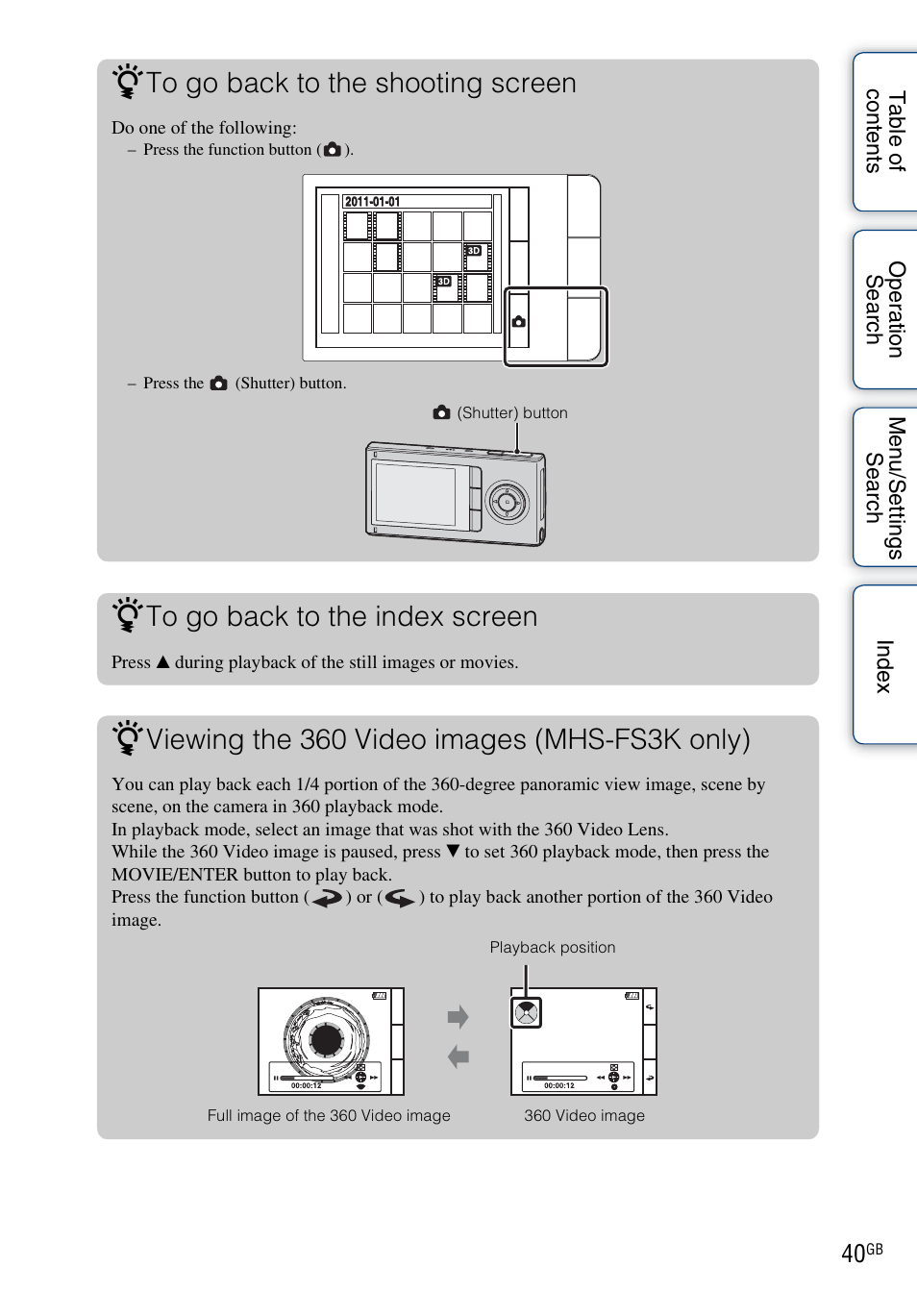 Viewing the 360 video images (mhs-fs3k only) | Sony bloggie MHS-FS3 User Manual | Page 40 / 79