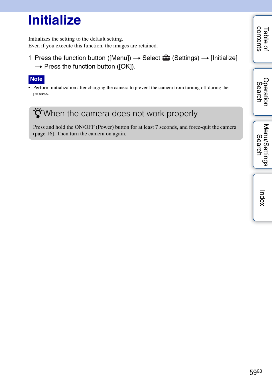 Initialize, When the camera does not work properly | Sony bloggie MHS-FS3 User Manual | Page 59 / 79