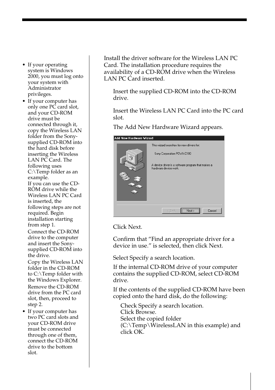 Installing the driver software | Sony PCWA-C100 User Manual | Page 13 / 68
