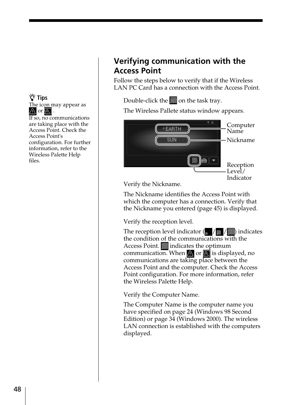 Verifying communication with the access point | Sony PCWA-C100 User Manual | Page 48 / 68