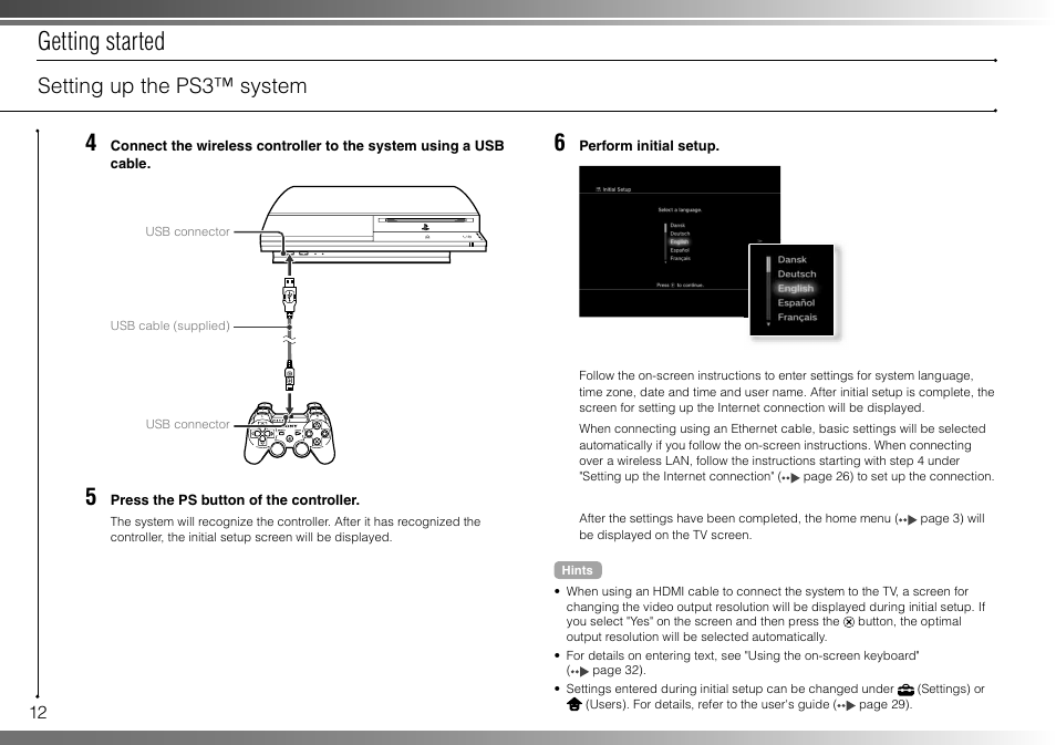 Getting started, Setting up the ps3™ system | Sony 80GB Playstation 3 CECHL01 User Manual | Page 12 / 100