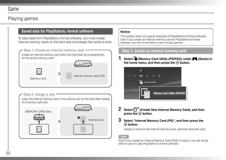 Game, Playing games, Saved data for playstation | Format software | Sony 80GB Playstation 3 CECHL01 User Manual | Page 22 / 100