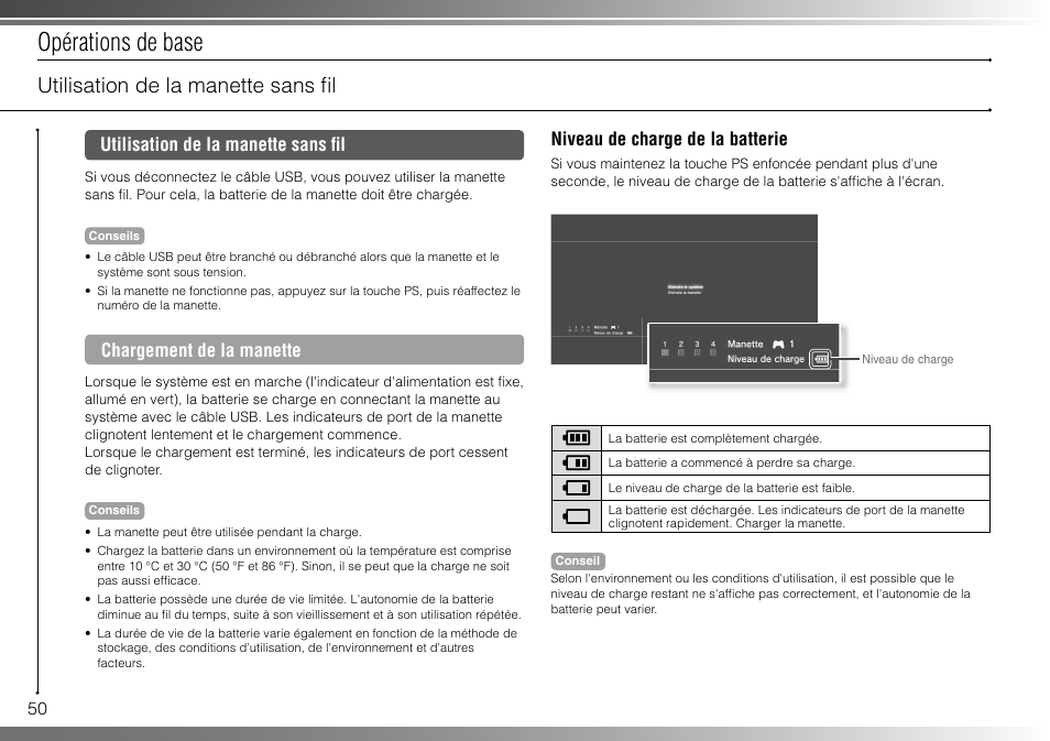 Opérations de base, Utilisation de la manette sans fi l, Chargement de la manette | Niveau de charge de la batterie | Sony 80GB Playstation 3 CECHL01 User Manual | Page 50 / 100