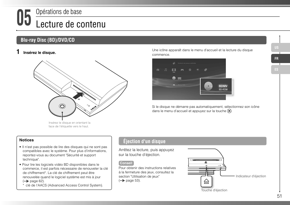 Lecture de contenu, Opérations de base | Sony 80GB Playstation 3 CECHL01 User Manual | Page 51 / 100