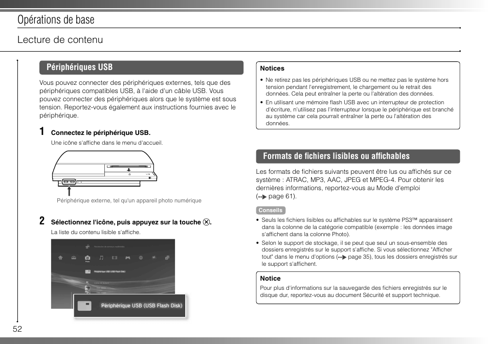 Opérations de base, Lecture de contenu | Sony 80GB Playstation 3 CECHL01 User Manual | Page 52 / 100