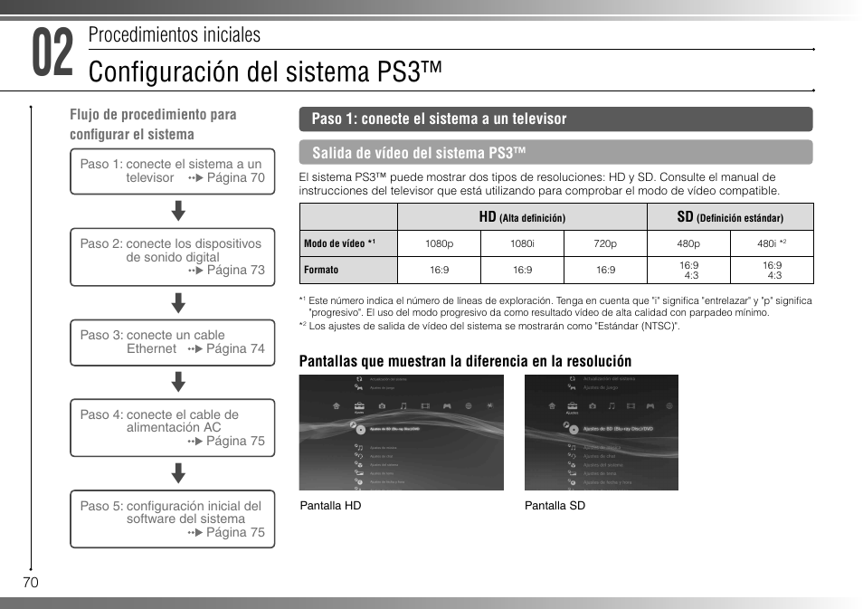 Confi guración del sistema ps3, Procedimientos iniciales | Sony 80GB Playstation 3 CECHL01 User Manual | Page 70 / 100