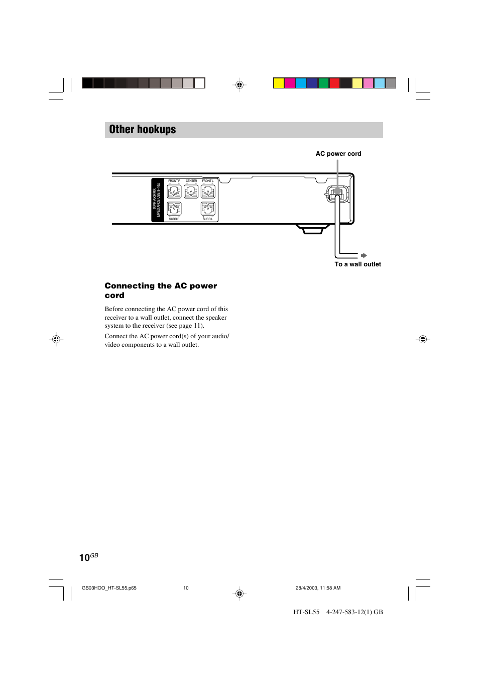 Other hookups, Connecting the ac power cord | Sony HT-SL40 User Manual | Page 10 / 44