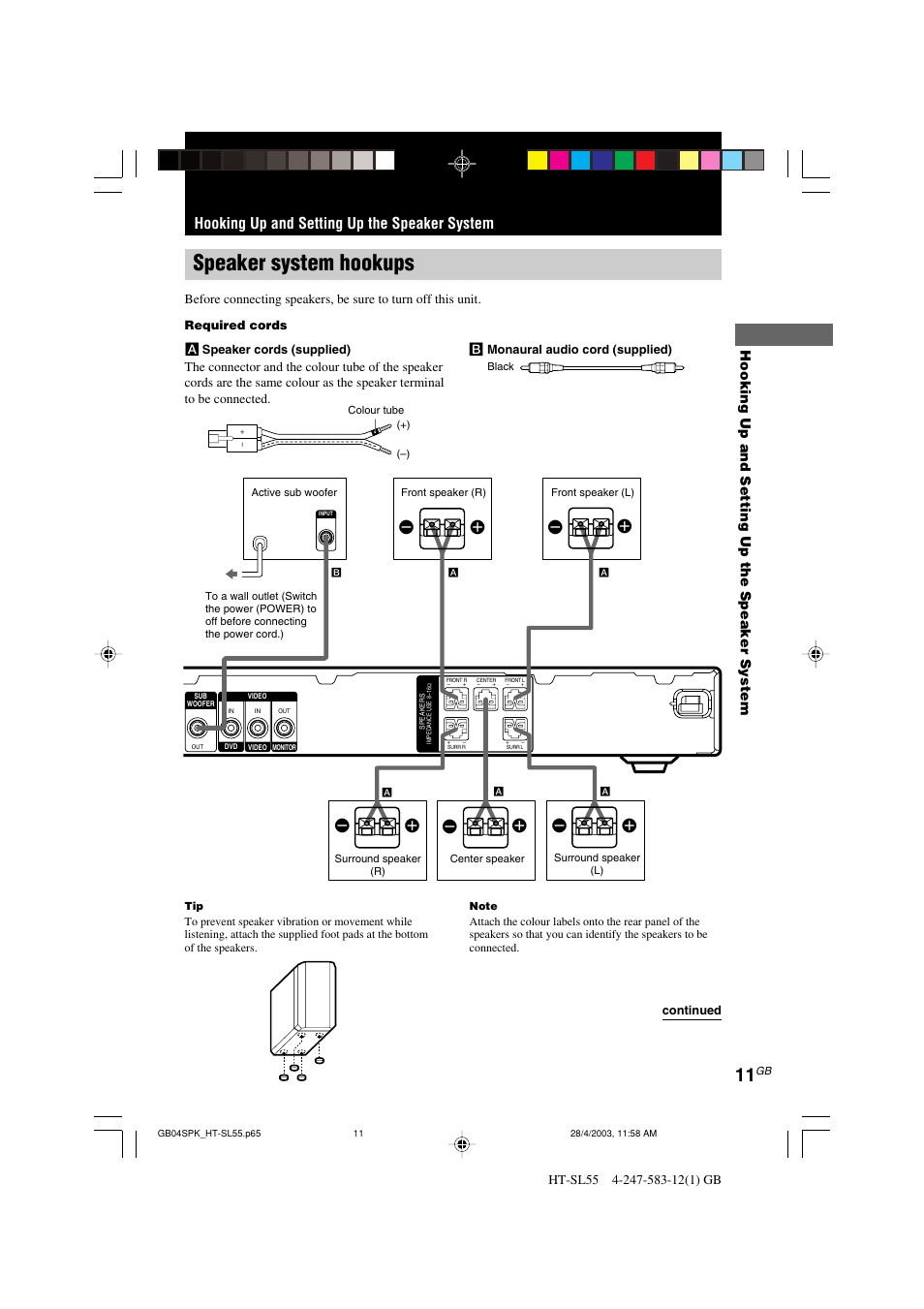 Speaker system hookups, Ee e e, Hooking up and setting up the speaker system | Sony HT-SL40 User Manual | Page 11 / 44