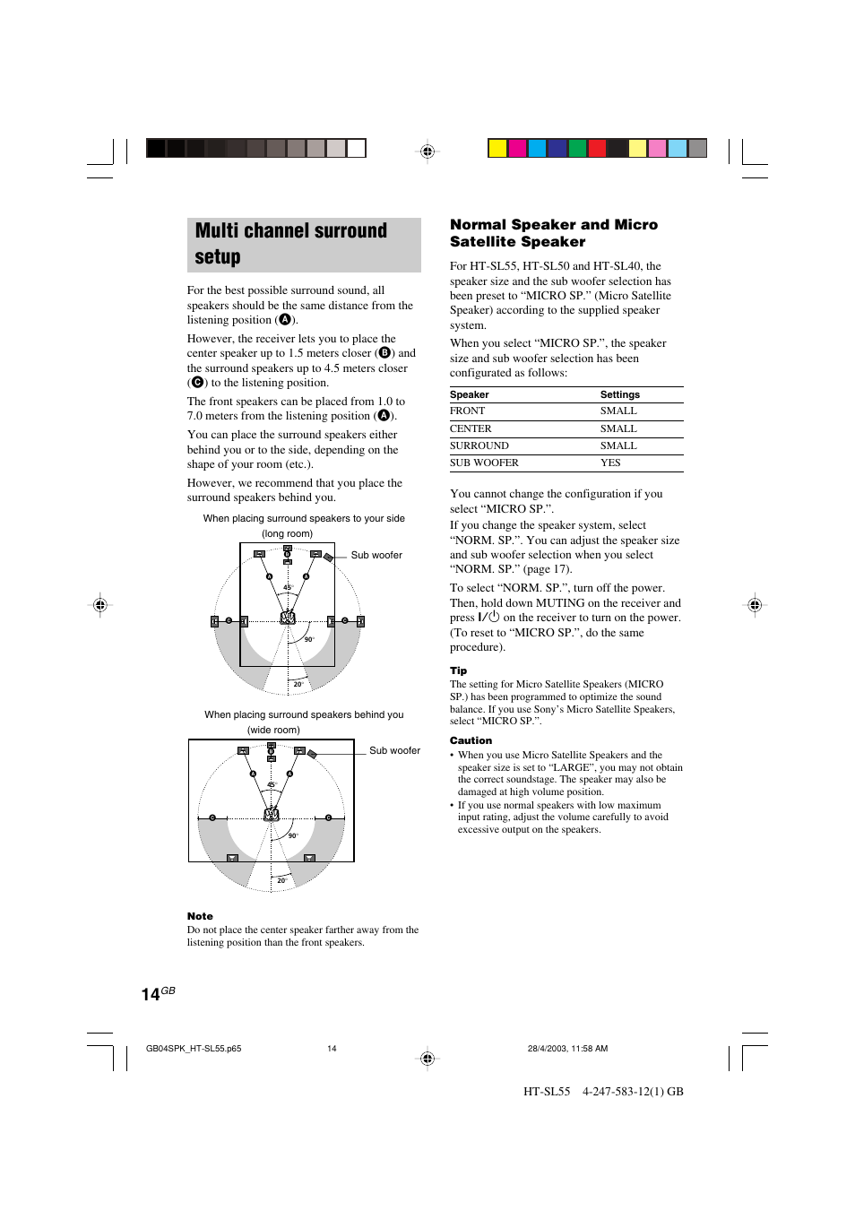 Multi channel surround setup, Normal speaker and micro satellite speaker | Sony HT-SL40 User Manual | Page 14 / 44