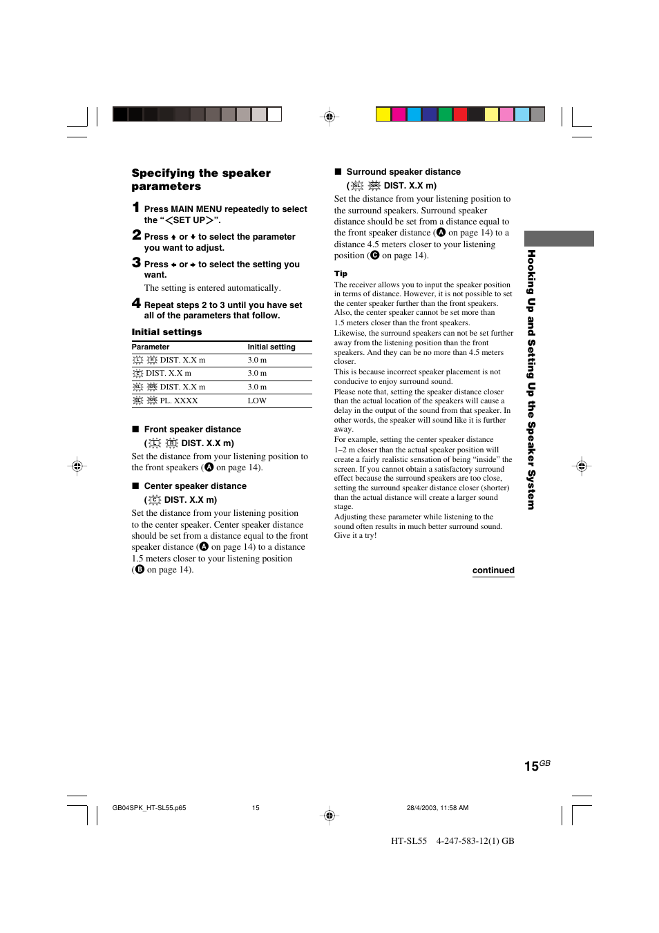 Specifying the speaker parameters | Sony HT-SL40 User Manual | Page 15 / 44