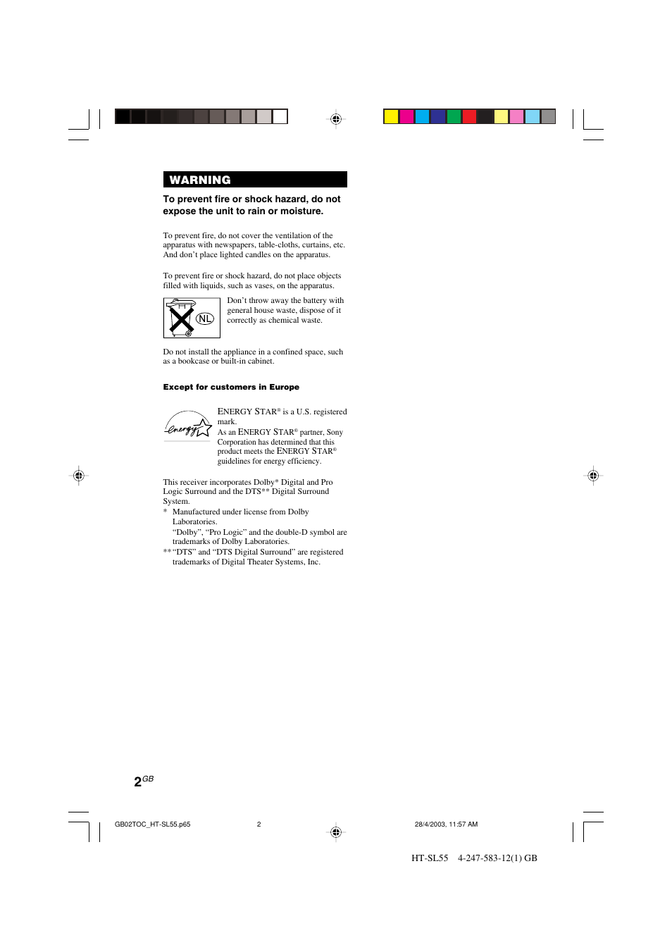 Warning | Sony HT-SL40 User Manual | Page 2 / 44