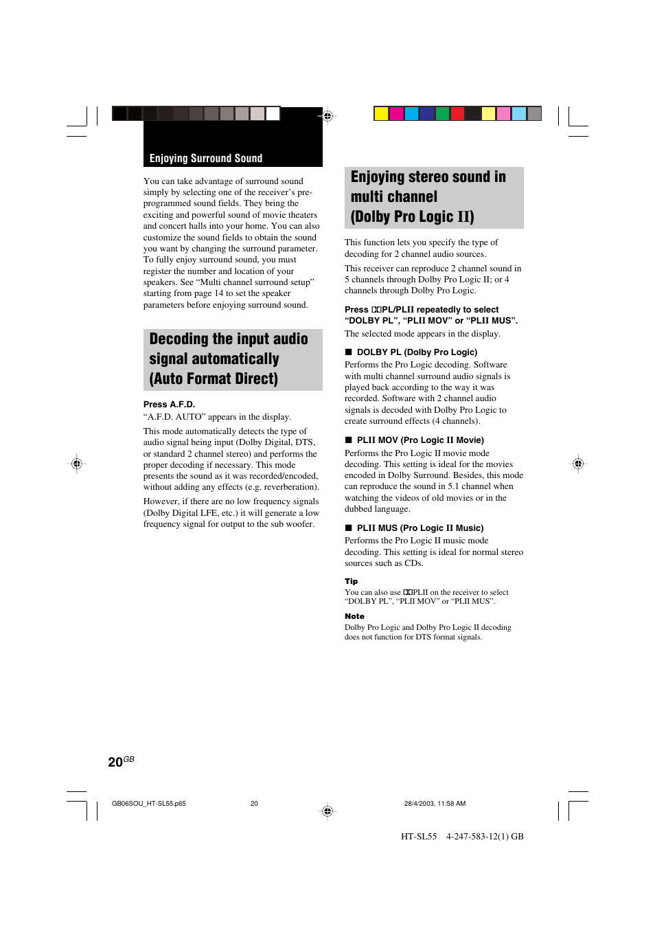 Sony HT-SL40 User Manual | Page 20 / 44