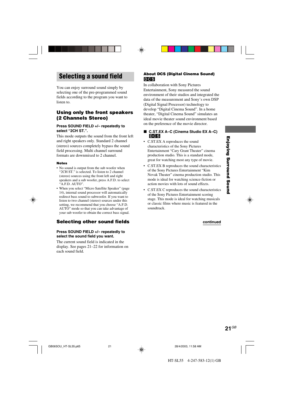 Selecting a sound field | Sony HT-SL40 User Manual | Page 21 / 44