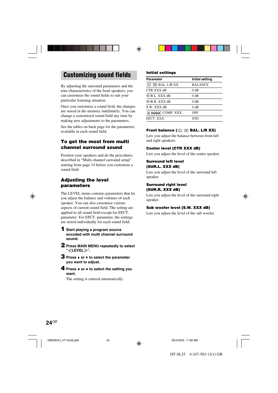 Customizing sound fields, Adjusting the level parameters | Sony HT-SL40 User Manual | Page 24 / 44