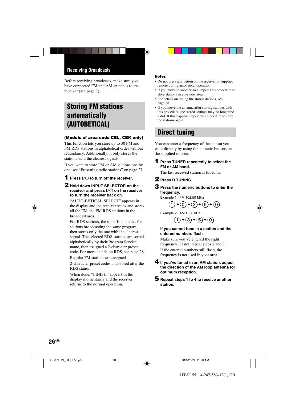 Storing fm stations automatically (autobetical), Direct tuning | Sony HT-SL40 User Manual | Page 26 / 44