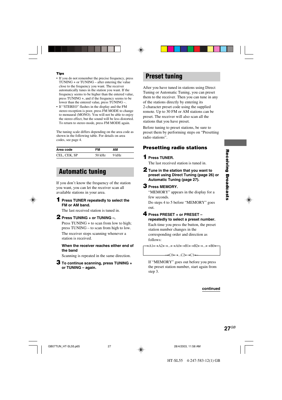 Automatic tuning, Preset tuning | Sony HT-SL40 User Manual | Page 27 / 44