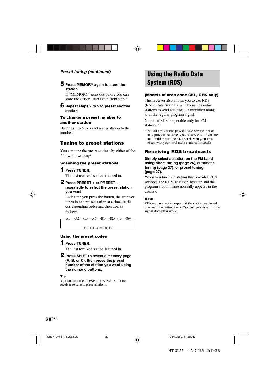 Using the radio data system (rds) | Sony HT-SL40 User Manual | Page 28 / 44