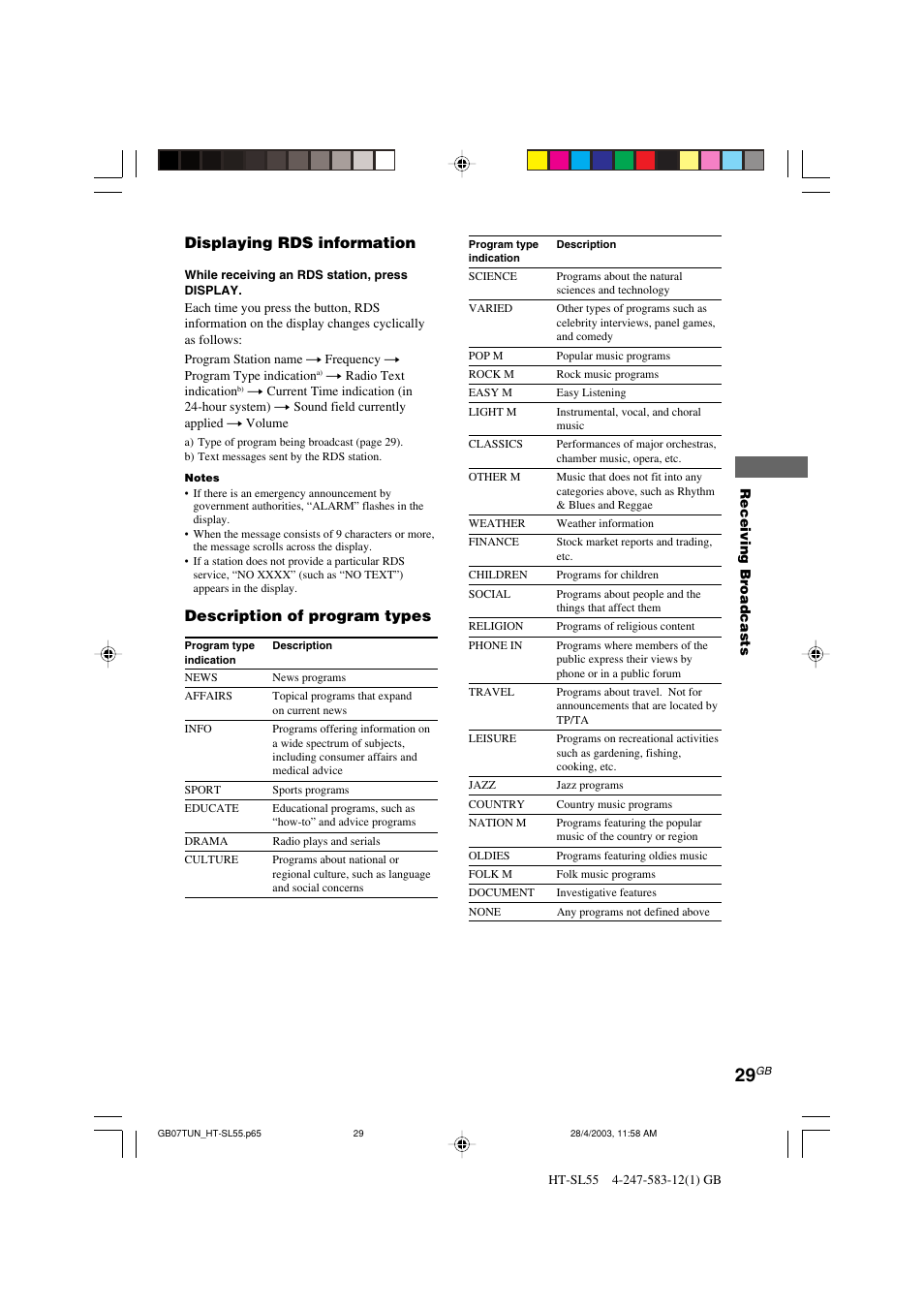 Description of program types, Displaying rds information | Sony HT-SL40 User Manual | Page 29 / 44