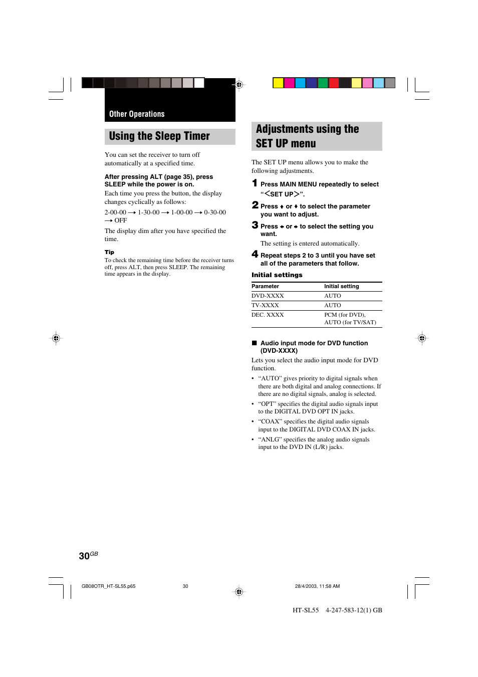 Using the sleep timer, Adjustments using the set up menu | Sony HT-SL40 User Manual | Page 30 / 44