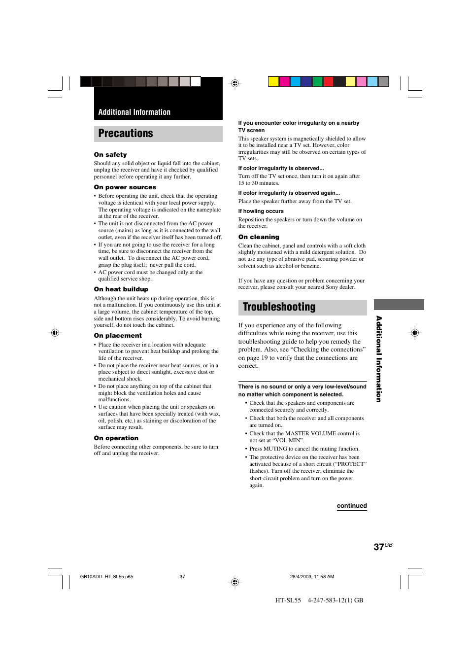 Precautions, Troubleshooting, Additional information | Sony HT-SL40 User Manual | Page 37 / 44