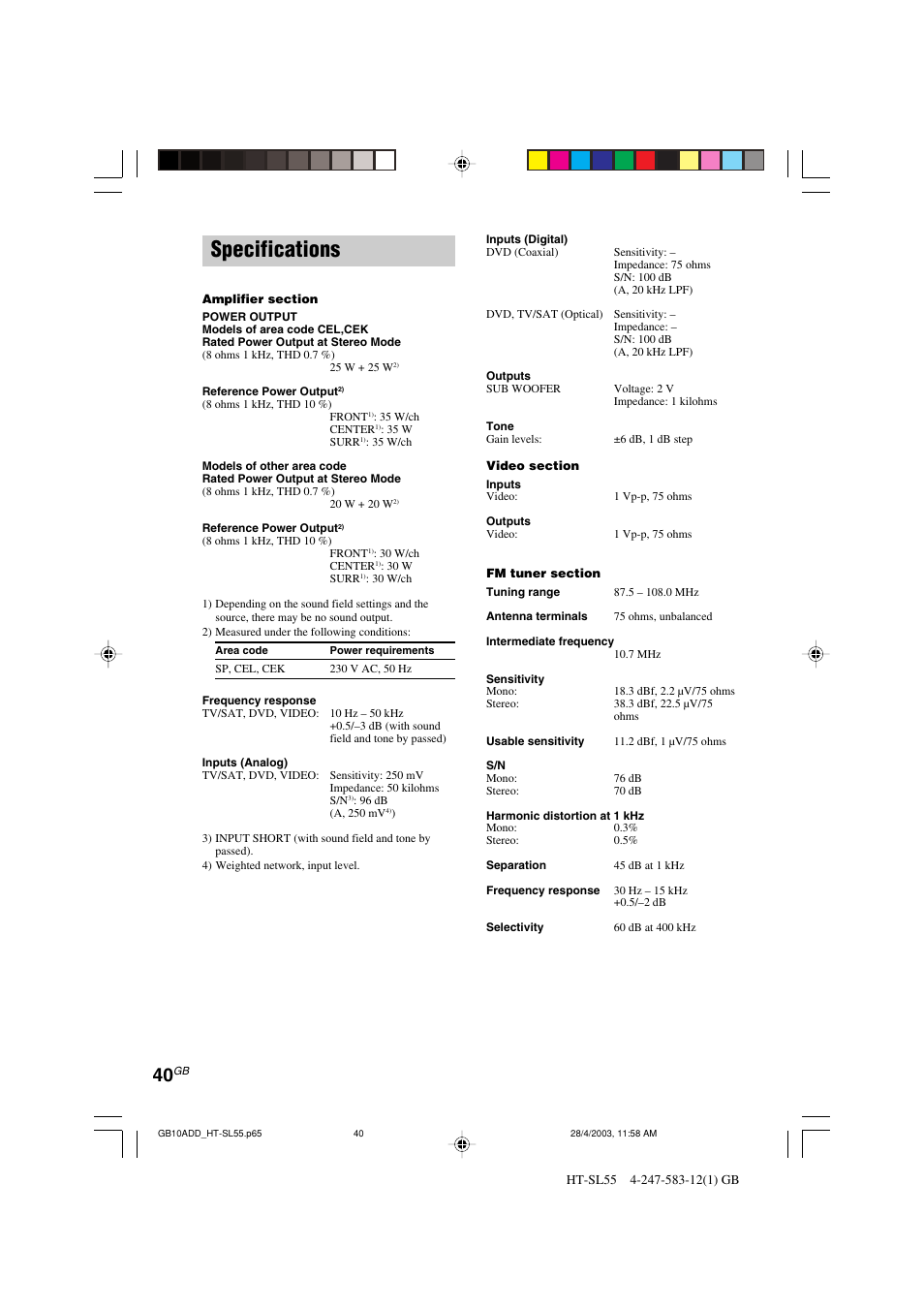 Specifications | Sony HT-SL40 User Manual | Page 40 / 44