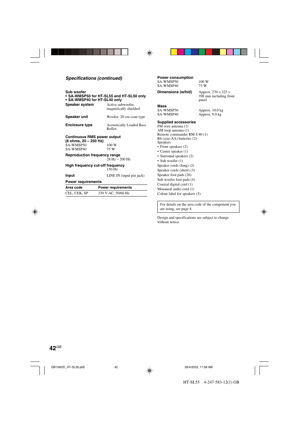 Sony HT-SL40 User Manual | Page 42 / 44