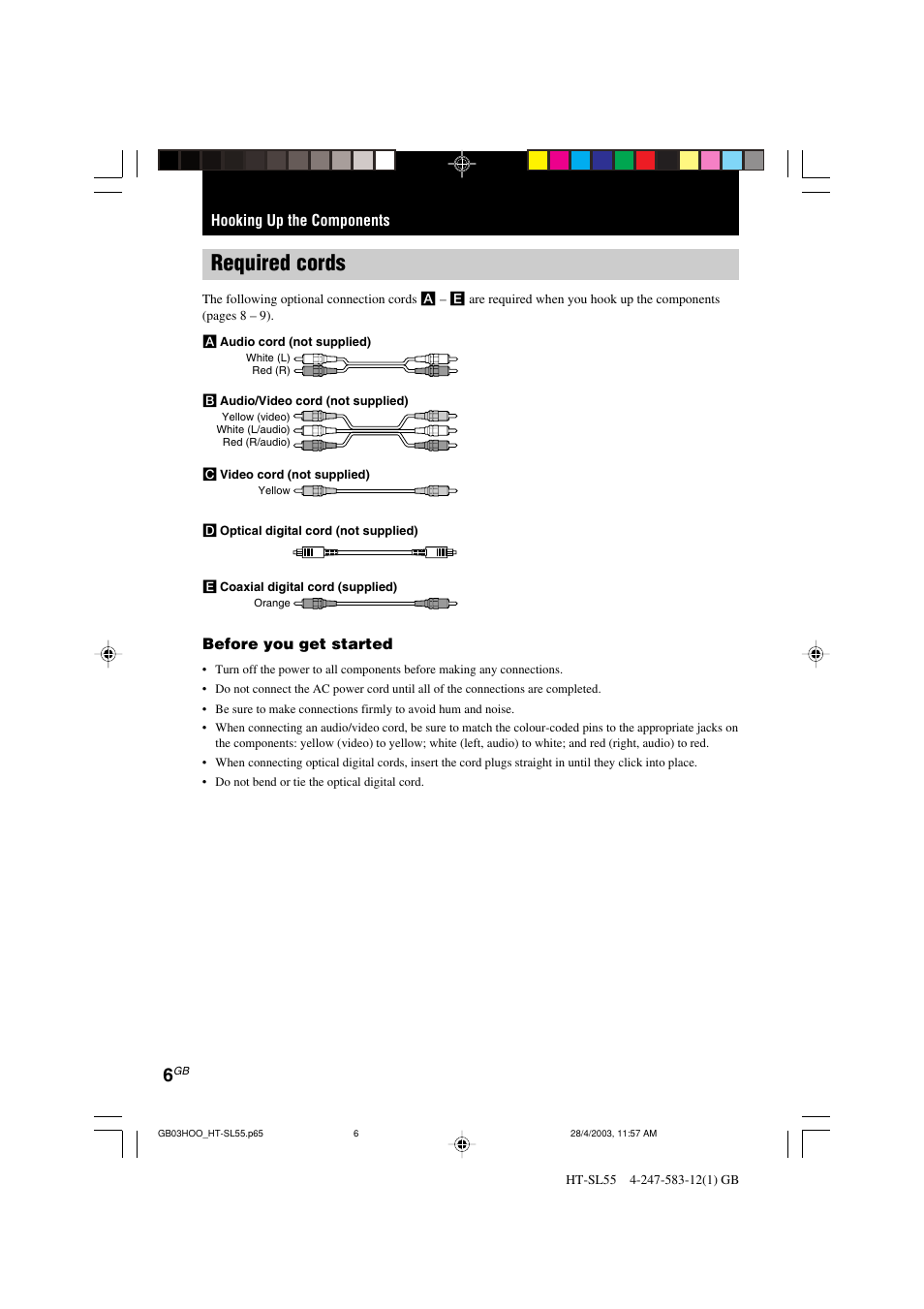 Required cords, Before you get started, Hooking up the components | Sony HT-SL40 User Manual | Page 6 / 44