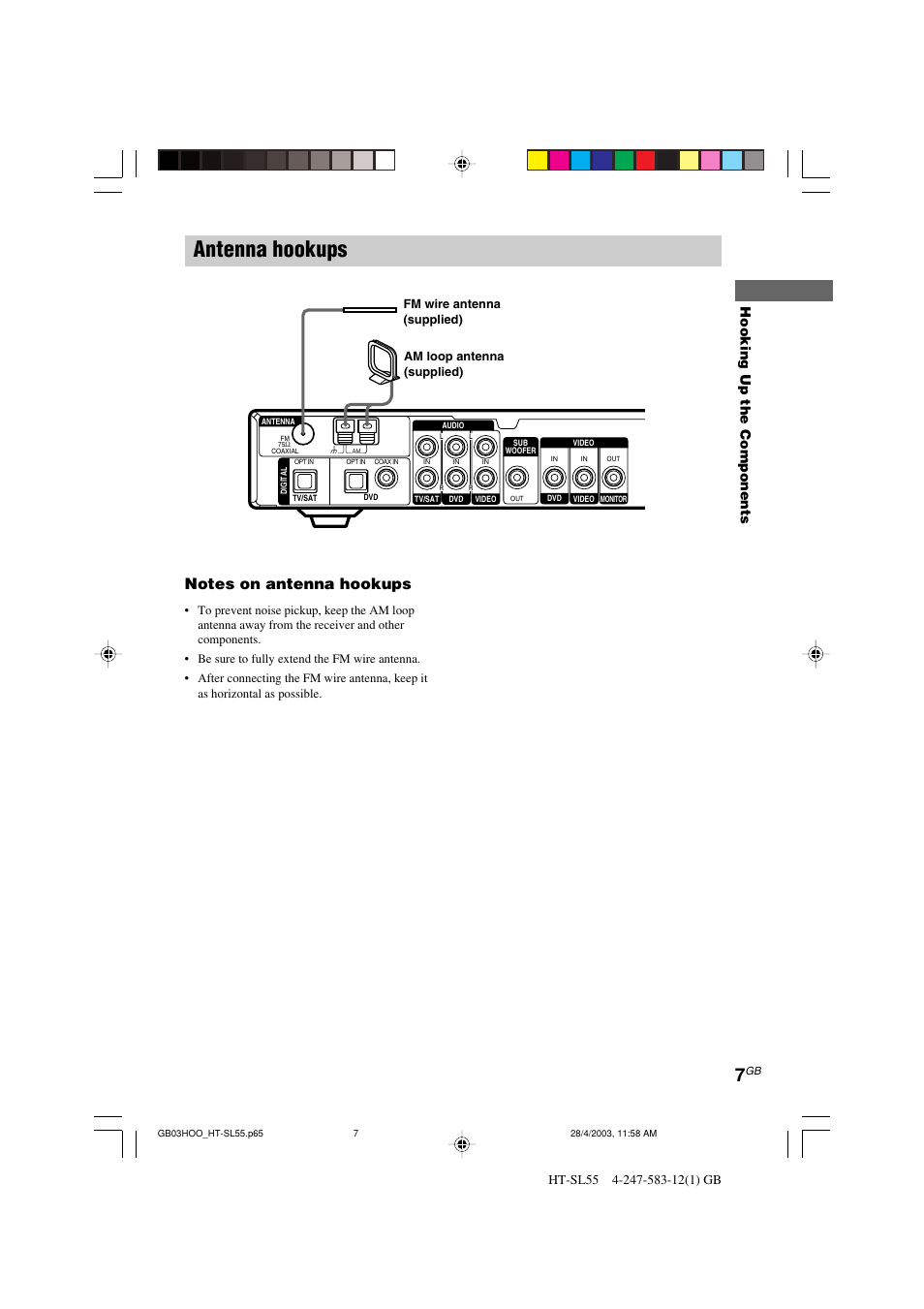 Antenna hookups, Hooking up the components | Sony HT-SL40 User Manual | Page 7 / 44