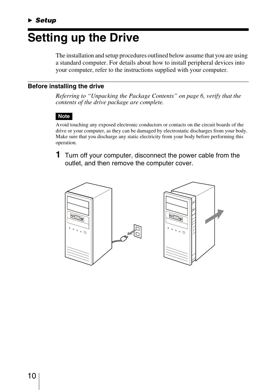 Setup, Setting up the drive | Sony DRU-830A User Manual | Page 10 / 36