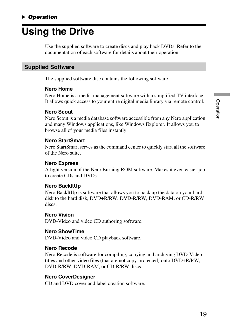 Operation, Using the drive, Supplied software | Sony DRU-830A User Manual | Page 19 / 36