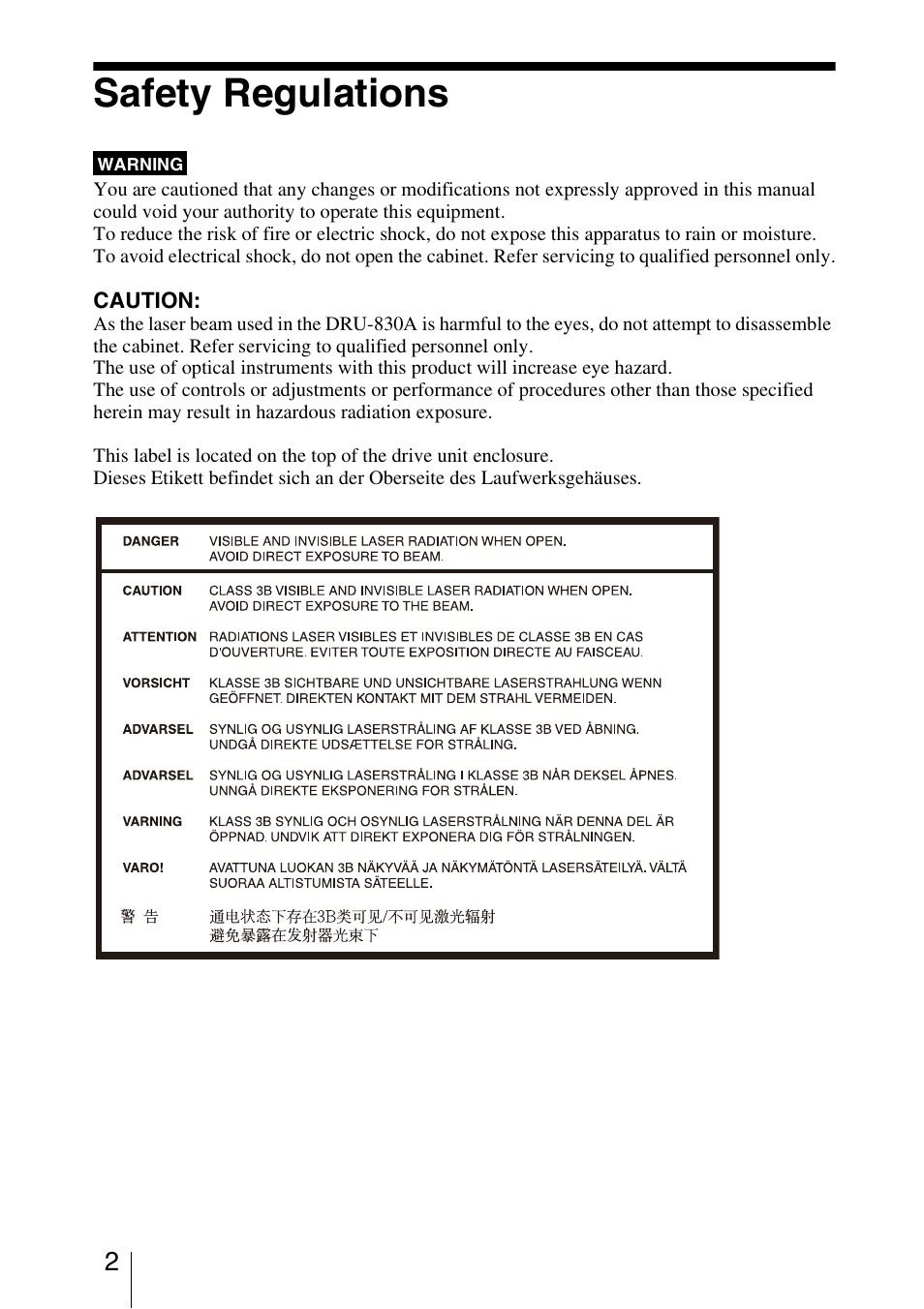 Safety regulations | Sony DRU-830A User Manual | Page 2 / 36