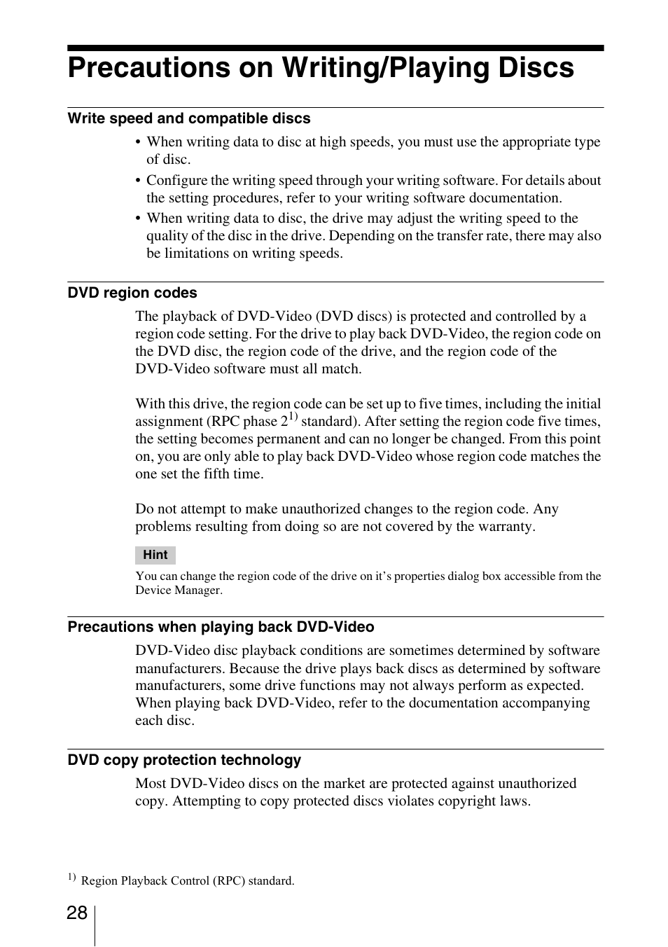 Precautions on writing/playing discs | Sony DRU-830A User Manual | Page 28 / 36