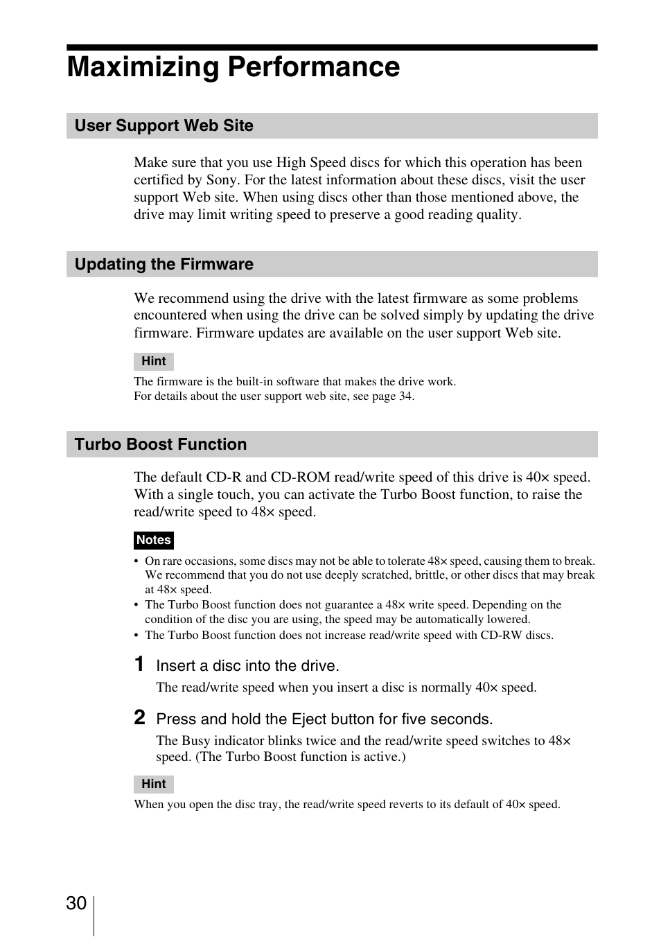 Maximizing performance, User support web site, Updating the firmware | Turbo boost function | Sony DRU-830A User Manual | Page 30 / 36