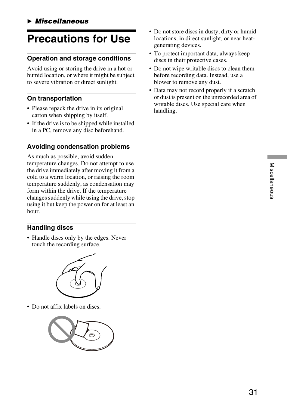 Miscellaneous, Precautions for use | Sony DRU-830A User Manual | Page 31 / 36