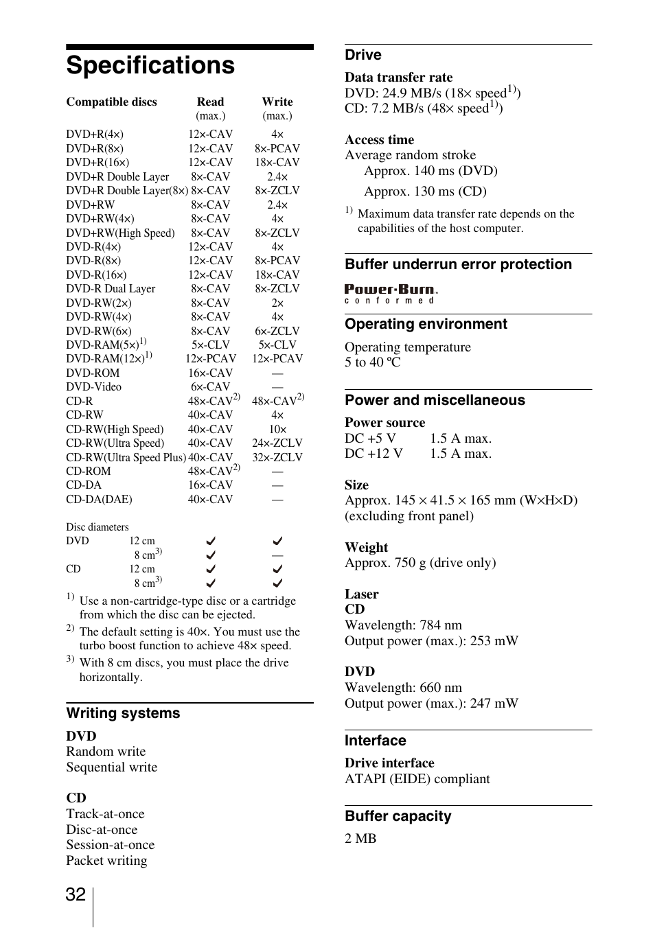 Specifications | Sony DRU-830A User Manual | Page 32 / 36